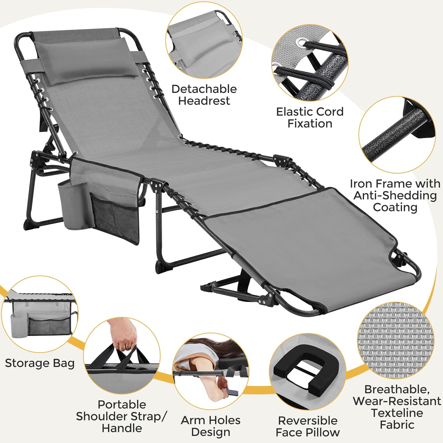 Yaheetech 26.4" Tanning Chair with Face Hole, Adjustable 5-Position Folding Chaise Lounge Chairs, Outdoor Lounge Chairs for Lawn, Beach, Patio, Gray