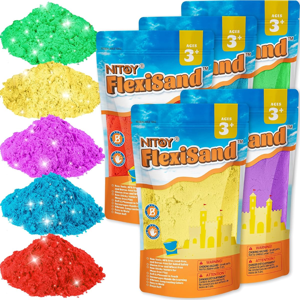 FlexiSand 11lbs Toy Sand 5 Colors Self-Sticking Non-Toxic Moldable | Eco-Friendly Individually Packed for Easy Storage Never Dries Out Perfect to Grip Squeeze Knead and Shape