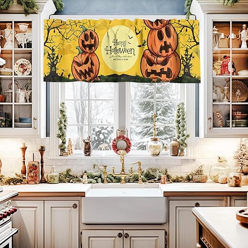 Miniatura 2 de Window Valance Curtain for Kitchen, Halloween Pumpkin Bat Branch Castle Moon 42"x12" Rod Pocket Window Treatment Valance Privacy Toppers Drape for