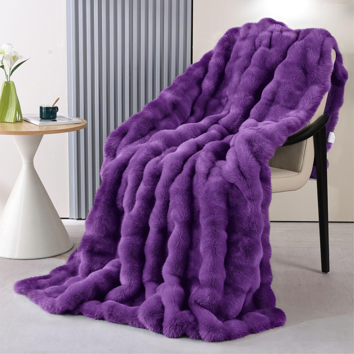 Fluffy Furry Purple Faux Fur Throw Blanket for Couch Bed 50x60 Fuzzy Bubble Soft Blanket for Adults Gift Home Living Room Decorative Decor 860 GSM - Image 5