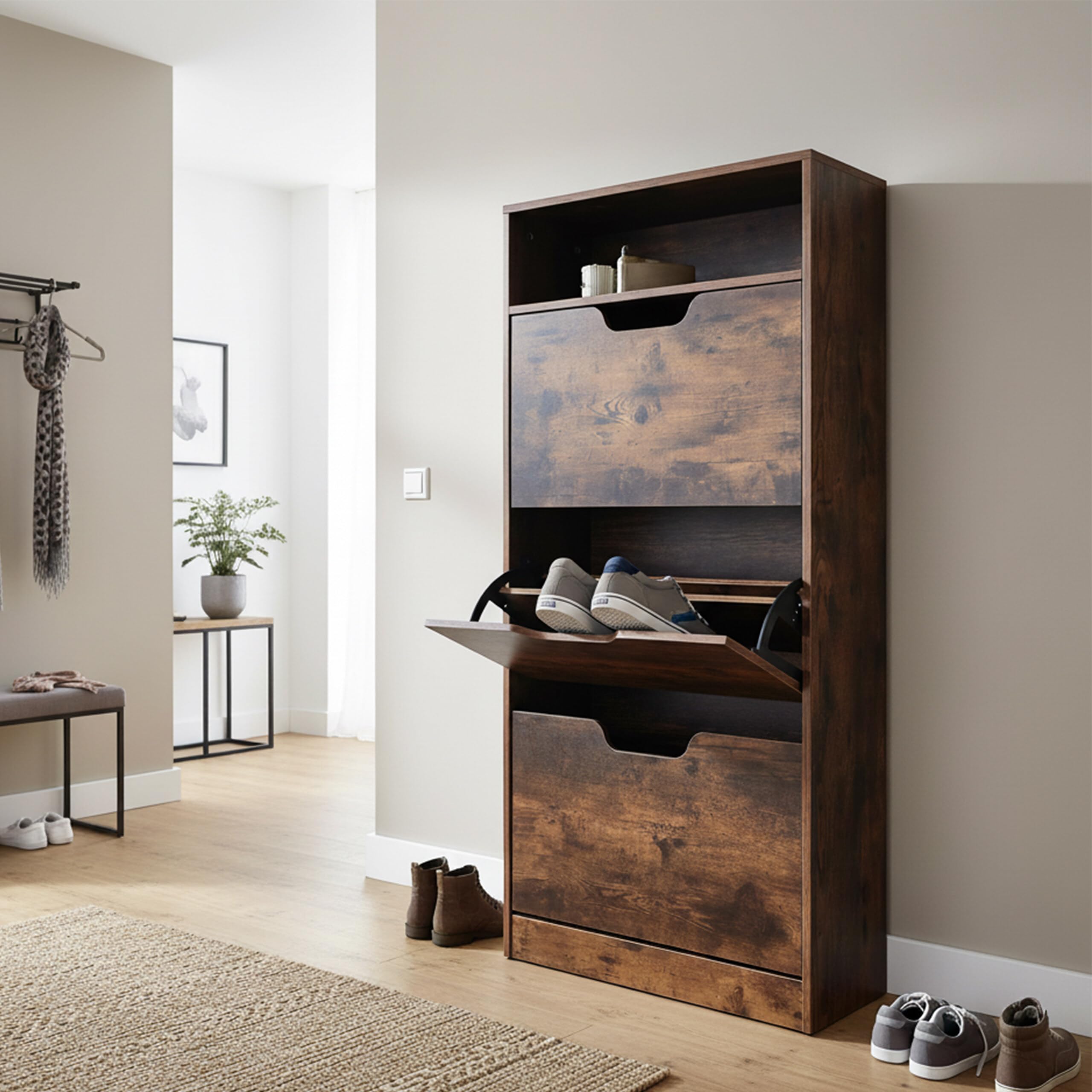 Relaxdays Scarpiera Industriale con 3 Ante, 14 Paia, 140x60x24 cm, Marrone