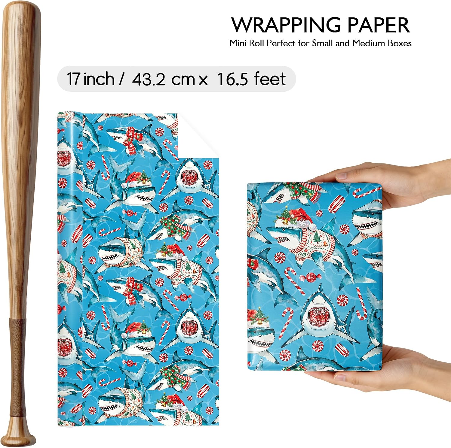 UNTROCHU Shark Christmas Wrapping Paper Roll for Boys Kids Girls - Watercolor Blue Shark Design Xmas Gift Wrap for Birthday,Baby Shower, Holiday, Party Celebration, DIY Craft - 17 in x 16.5 ft. image 5