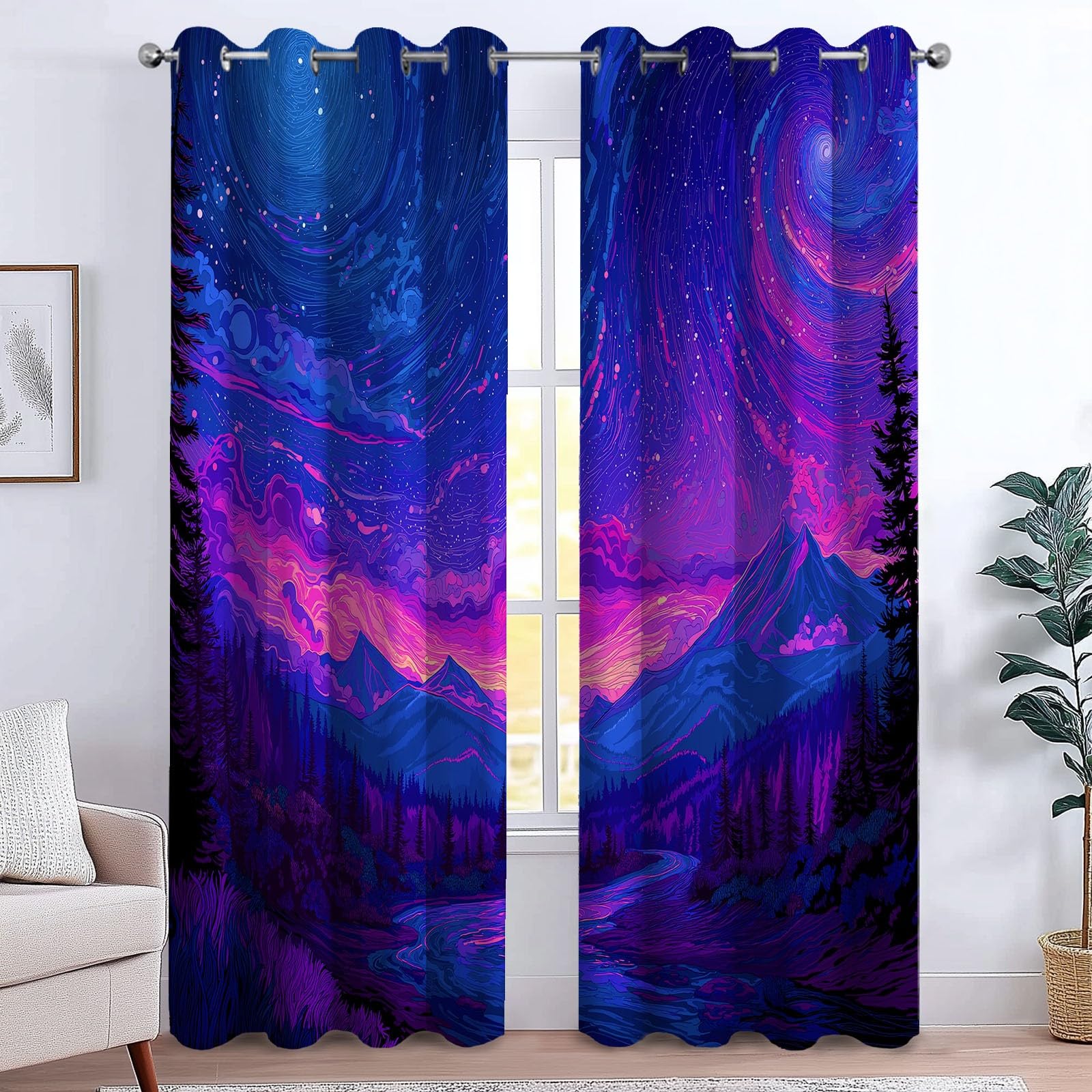 Rideau Occultant 3D Violet Fantaisie Nébuleuse Vallée Rideau Fenêtre Isolant Thermique Phonique Opaque à Oeillets pour Chambre d'enfant Maison Salon Décoration, Lot de 2 Rideaux 100 x 110 cm