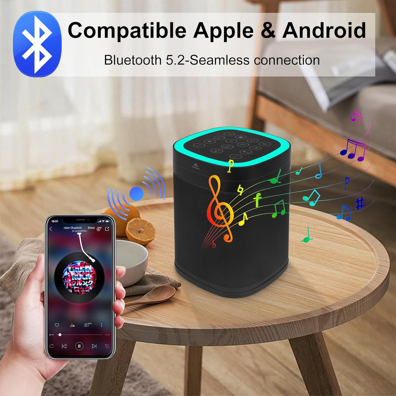 3-in-1 Bluetooth Speaker, 70 Soothing Sounds Sleep Machine, Type-C USB Rechargeable RGB Table Lamp,30-Hour Playtime, Wireless Sound Machine for Home/Party/Outdoor/Beach/Baby/Adults. (Black)