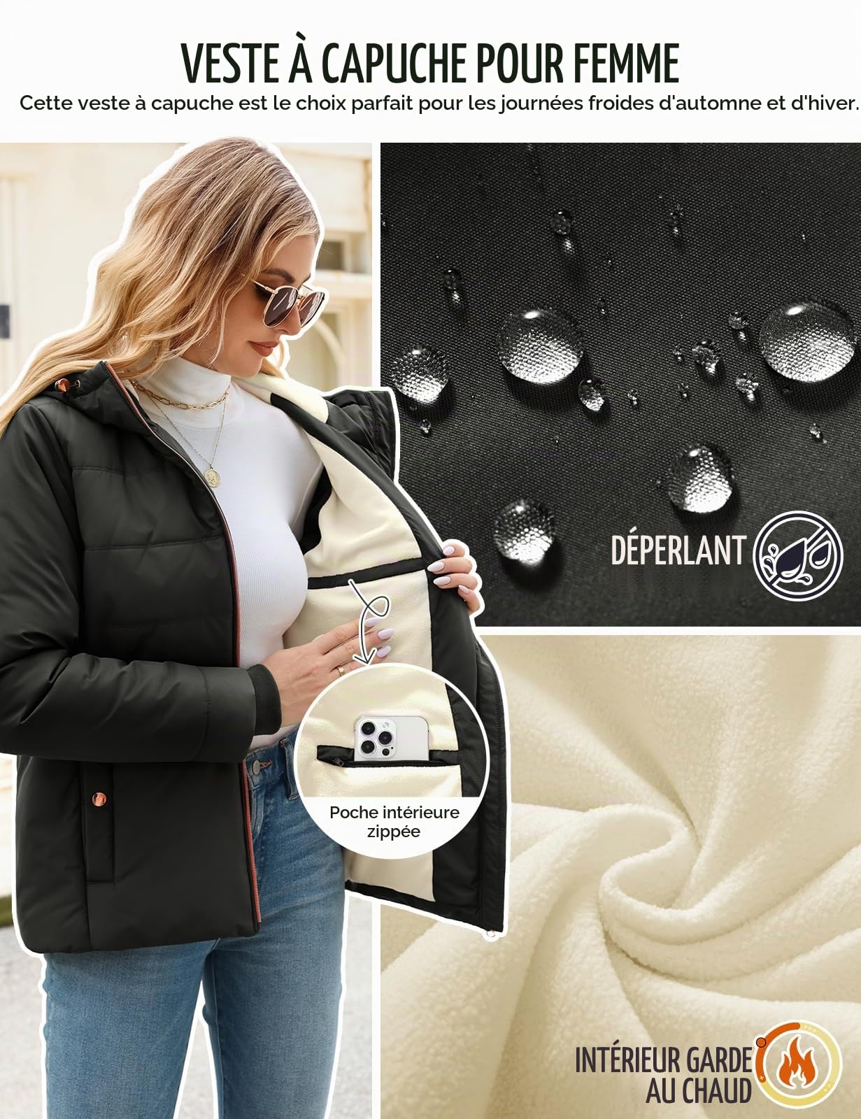 Vancavoo Doudoune Femme Courte Hiver Manteau Chaude à Capuche Déperlante | Capuche fixe Réglable, Poignets Côtelés, Fermeture Zippée et Poches pour Le Quotidien et Les Voyages