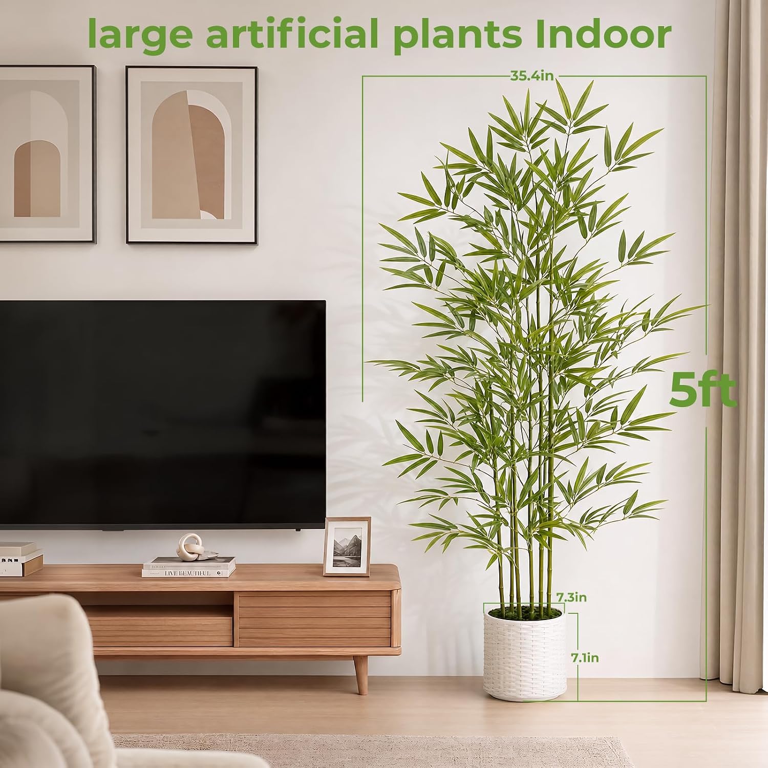 5FT Artificial Bamboo Tree with Wicker Style Planter, Fake Bamboo with Lifelike Natural Trunk and Leaves, Fake Plants for Indoor Home Decor, Office Decor, Room Decor and Gift Choices