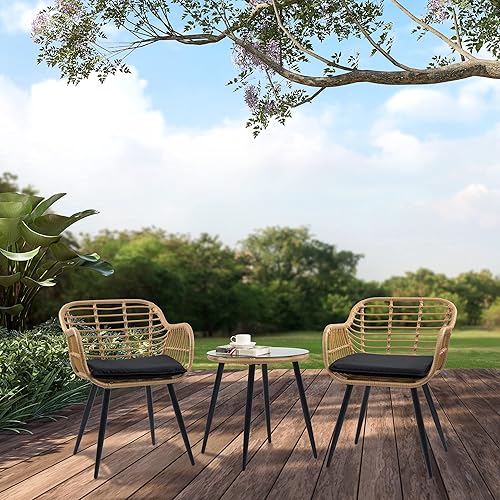 Miniatura 8 de Cozy Castle Juego de conversación de 3 piezas, mesa y sillas de mimbre bohemio, juego de patio al aire libre para porche, balcón y patio trasero,