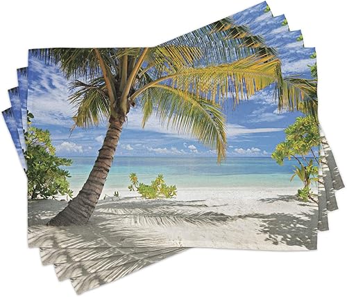 Ambesonne Juego de 4 alfombrillas para palmeras de palmera, playa de arena tropical con palmeras, costa de Maldivas con tema tranquilo, manteles