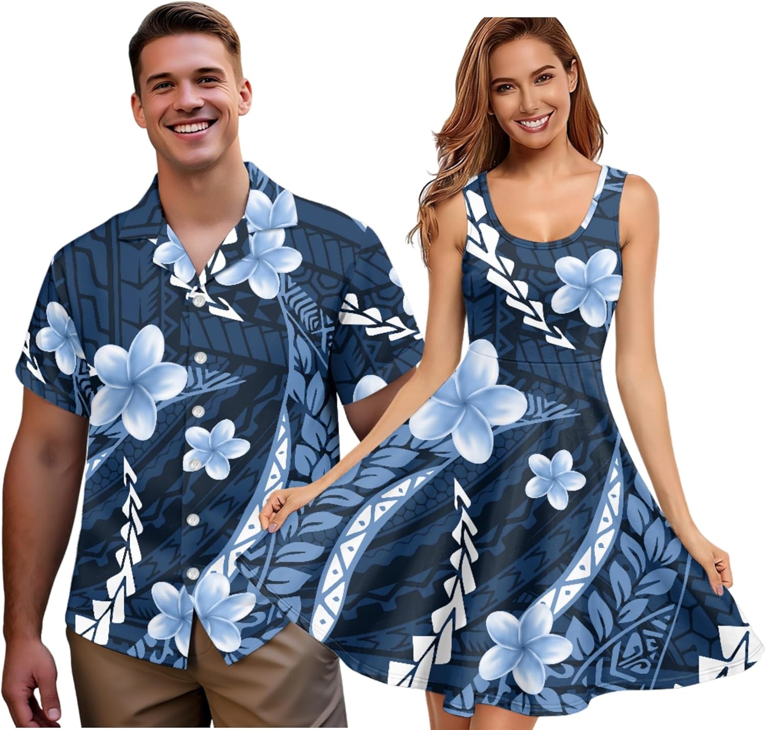 Men and Women Matching Outfits Polynesian Dress for Women Men's Button Down Short Sleeve Shirts