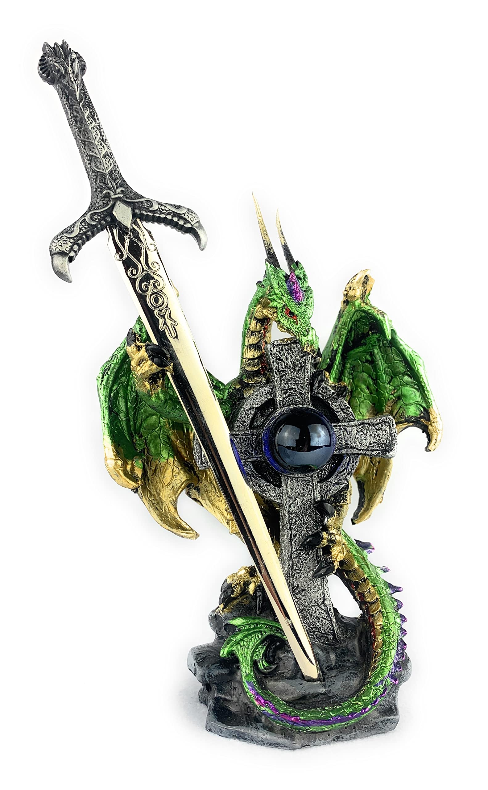 Ain’t It Nice Dragon Statue with Medieval Dragon Sword and Crystal Ball Collectible Dragon Figurine Fantasy Medieval Dragon Décor, Green 4.5(L) 2(W) X