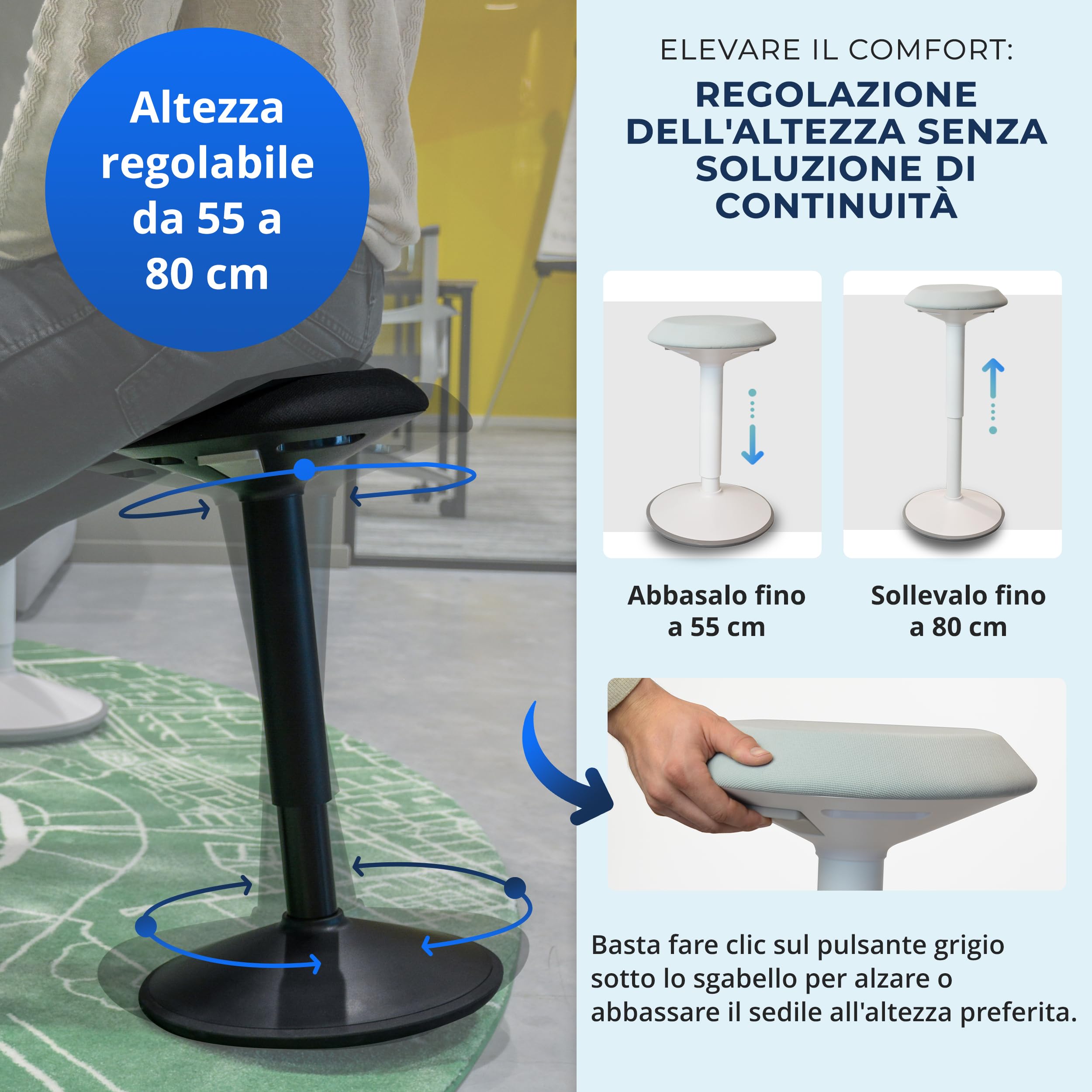 Backerz Sgabello Ergonomico - Sgabello Girevole da 55 a 80 cm con effetto dondolo - Sedia da Ufficio per Casa, Ufficio, Studio - Cuscino a Schiuma, Esterno in Lino Impermeabile - Bianco Opaco