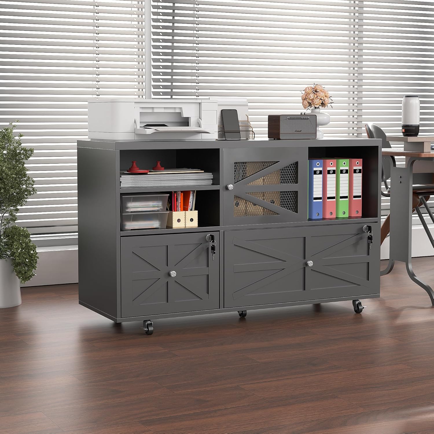 Semoic 2 Drawer Farmhouse File Cabinet with Lock, Mobile Lateral Filing Cabinet for Letter/Legal/A4 Size, Open Storage Adjustable Shelf for Home Office Cabinets, Black
