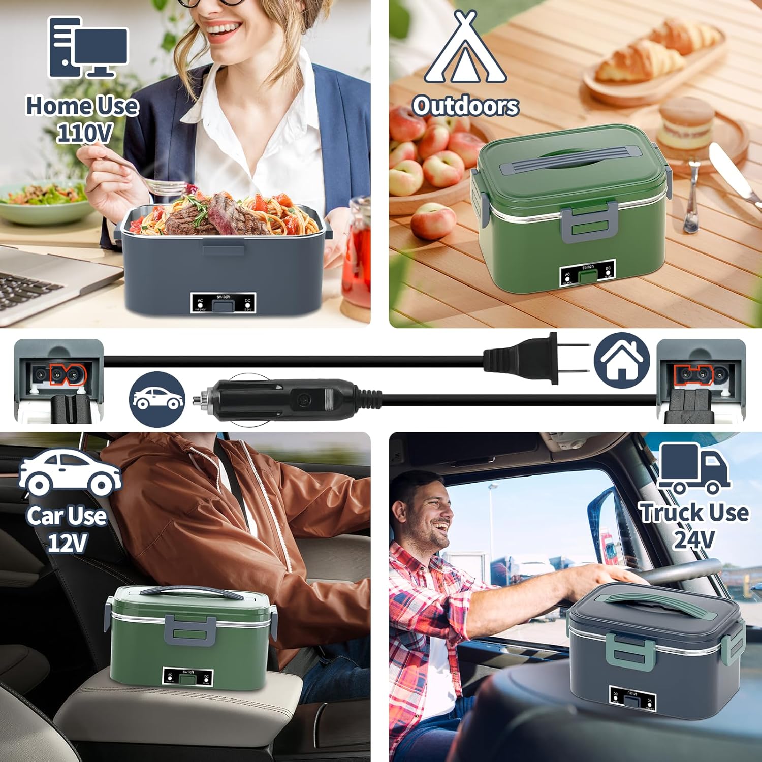 Electric Heated Lunch Box for Adults with 1.8L Container, ON/OFF Power Switch & 0.6L Double Layer, Portable 100W 3-IN-1 Fast Heating Food Warmer for Men, 12V/24V/110V for Car Truck Office
