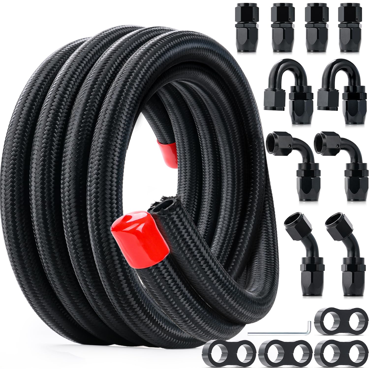 OURU 10AN Fuel Hose Kit - 20FT Nylon Braided Fuel Lines with 14PCS 10AN Fitting Adapter (45,90 Degree) CPE Gas Line