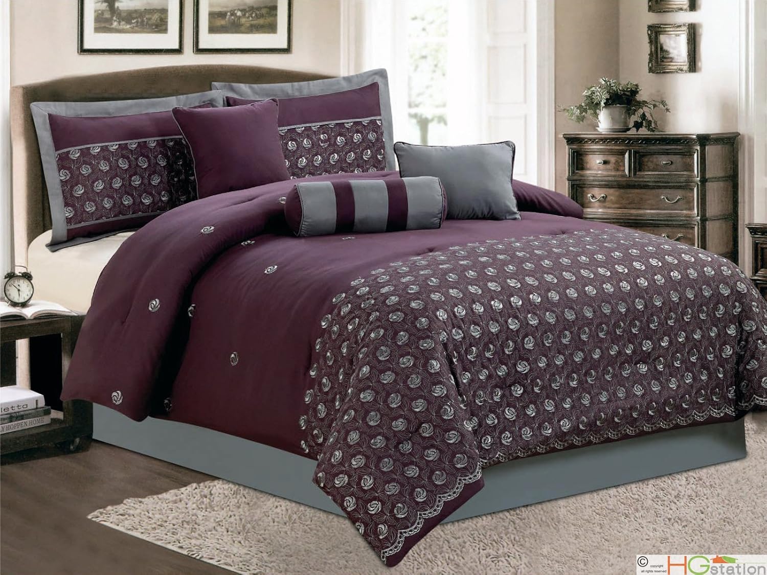 HGS 7Pc Embroidery Rosebud Rose Floral Flower Comforter