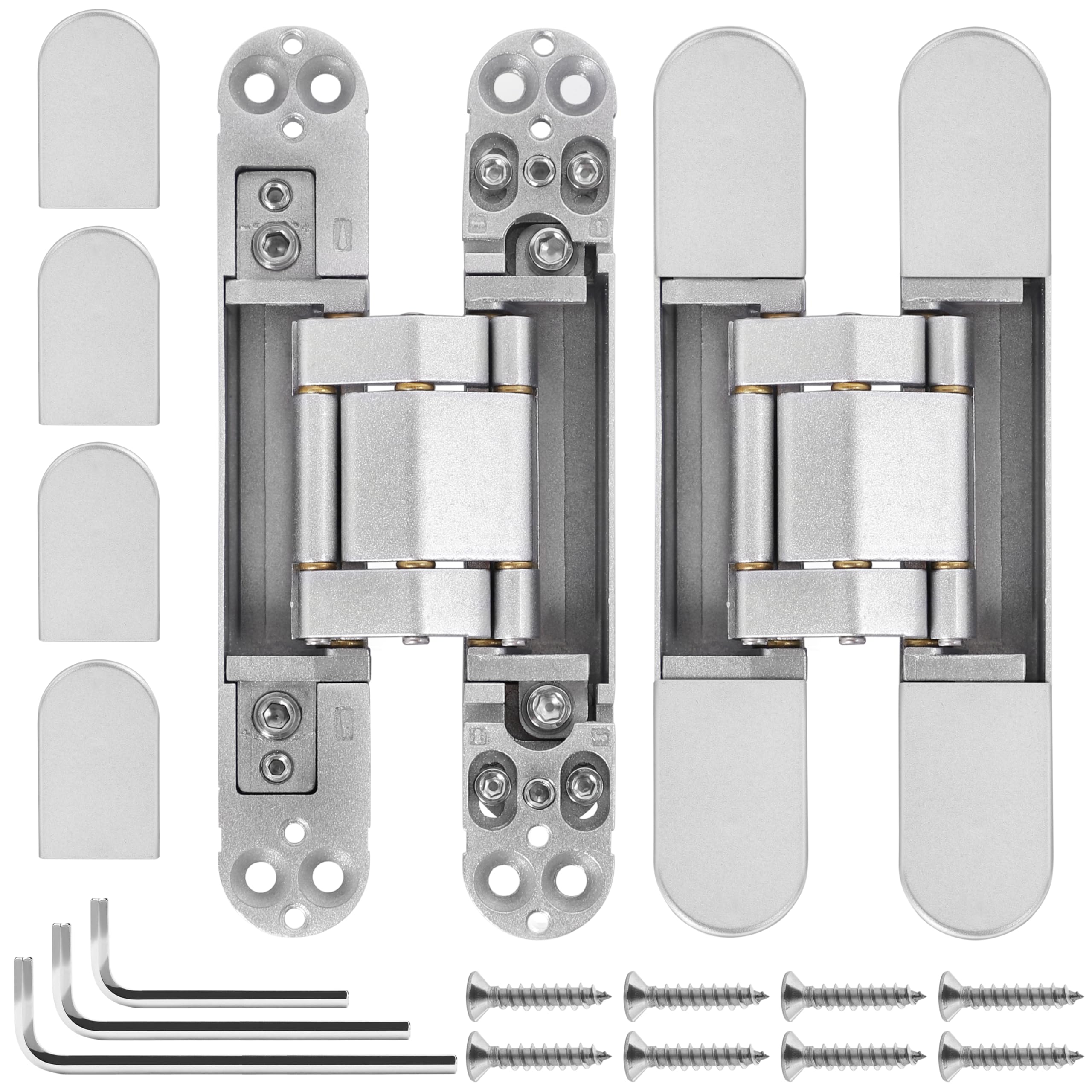 Bisagras de puerta ocultas (2 piezas) - Bisagras invisibles para puertas, bisagras ocultas de giro de 180 grados, bisagras ajustables de 3 vías y resistentes (plata, 6 pulgadas)