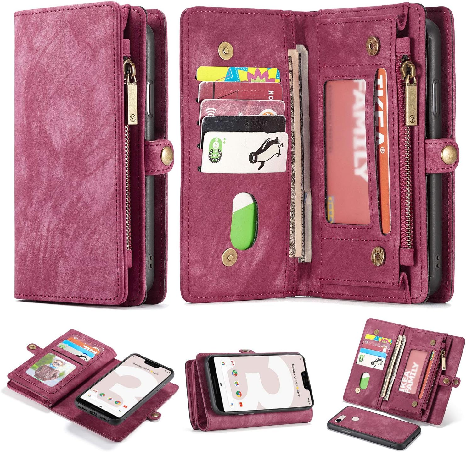 Google Pixel 3 XL Leather Wallet Zipper Purse Detachable Card Slots Holder Flip Case Magnetic Handle Shockproof Cover Pocket Wallet Handbag for Google Pixel 3 XL (Red, Pixel 3 XL)