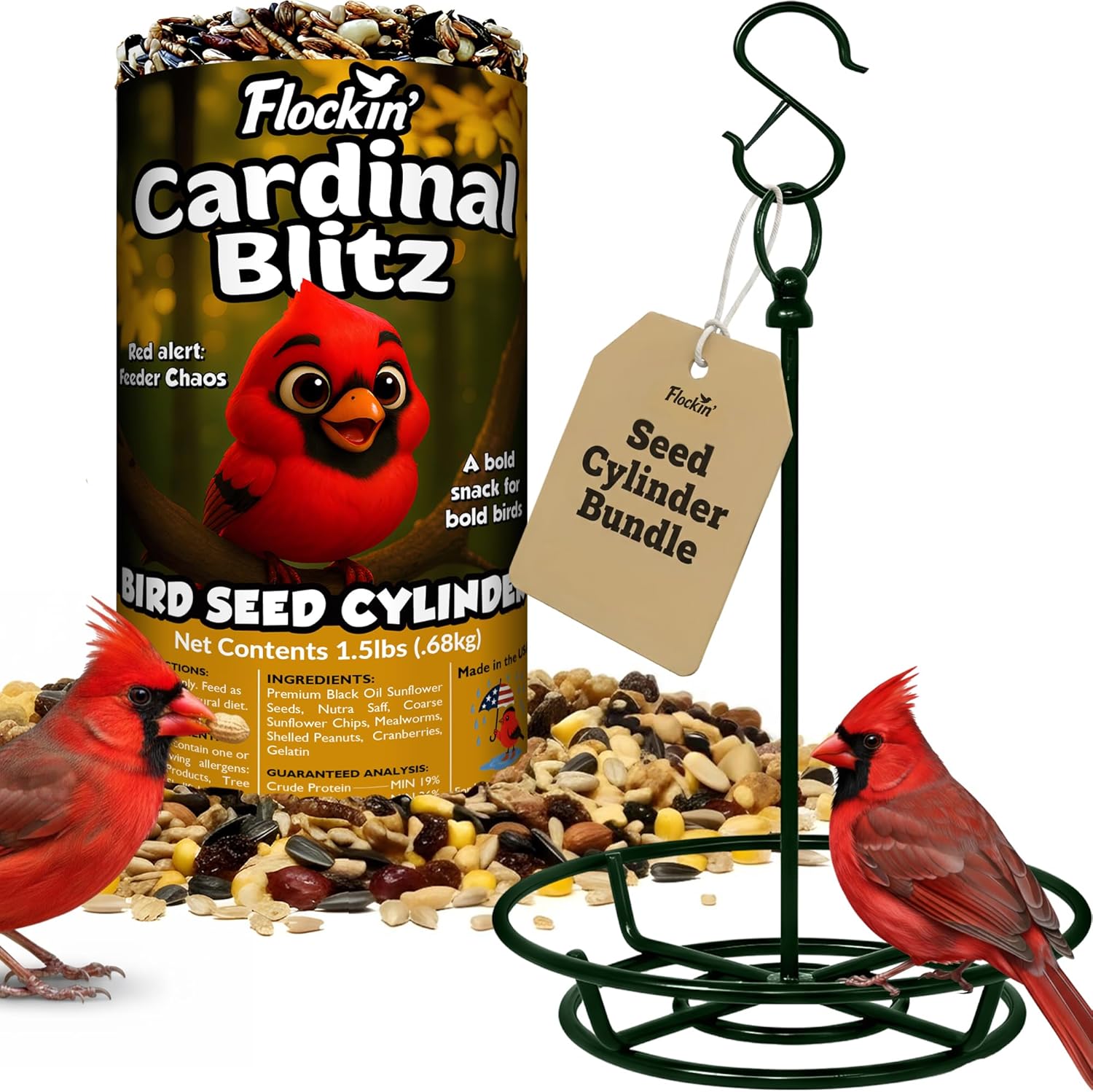 Cardinal Bird Seed Cylinders with Hole + Hanging Metal Cylinder Bird Feeder - Includes O-Ring & Locking S Hook - Bundled Item Set