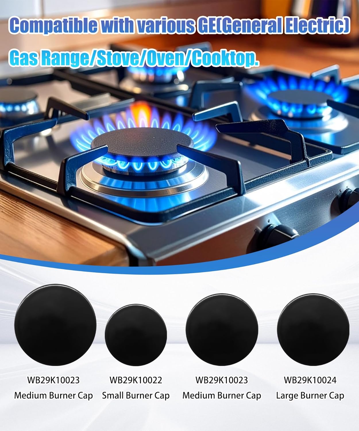 4PCS Surface Burner Caps Set Replacement Fits for GE Gas Range/Stove/Oven，WB29K10006-1 Large Cap-3.5 Inche ，WB29K10001-2 Medium Caps-3.2 Inche，WB29K10009-1 Small Cap-2.6 Inche，（Shiny Black）