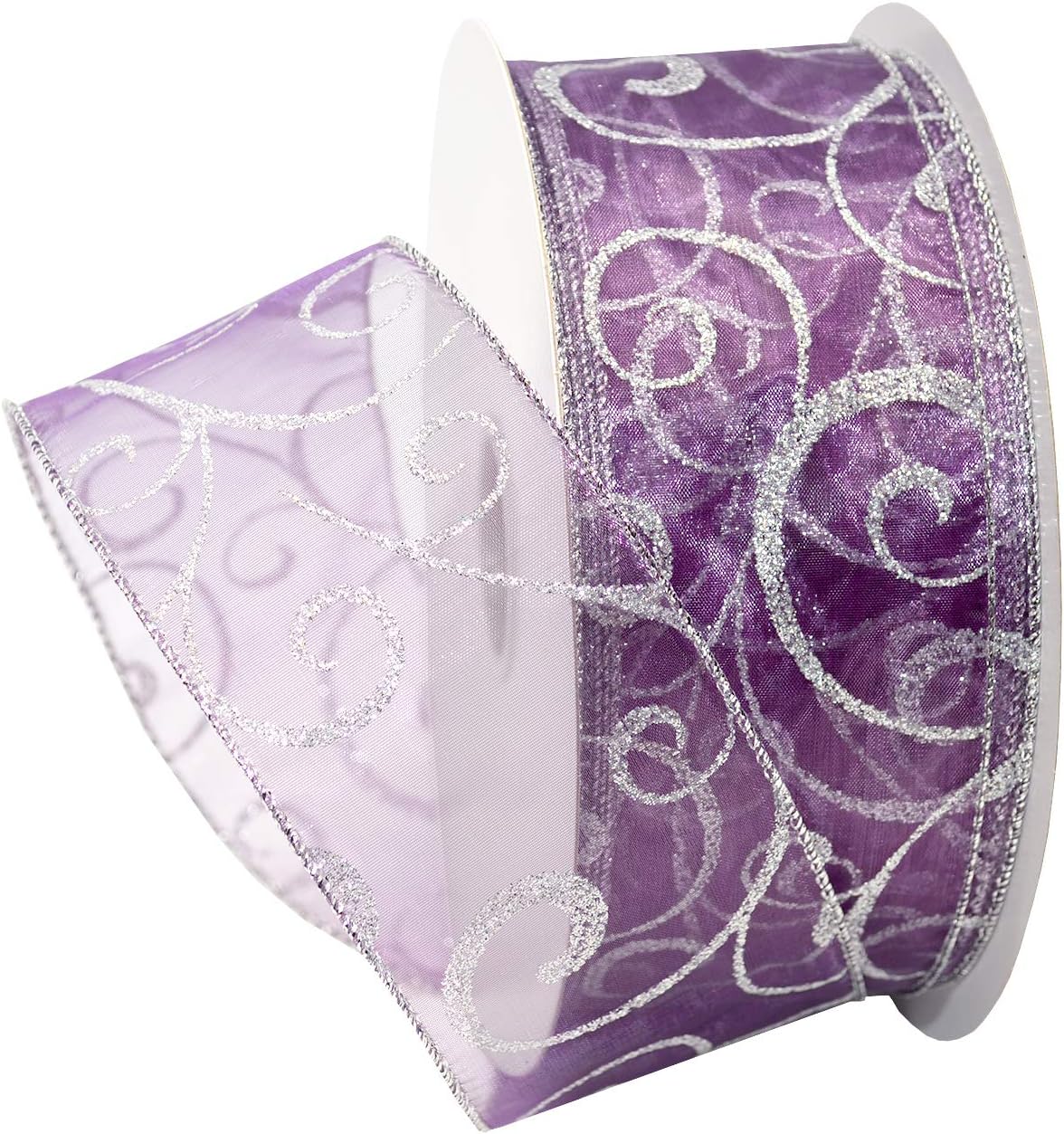 Morex Ribbon Swirl Wired Sheer Glitter Ribbon, 2.5" X 50 YD, Purple/Silver