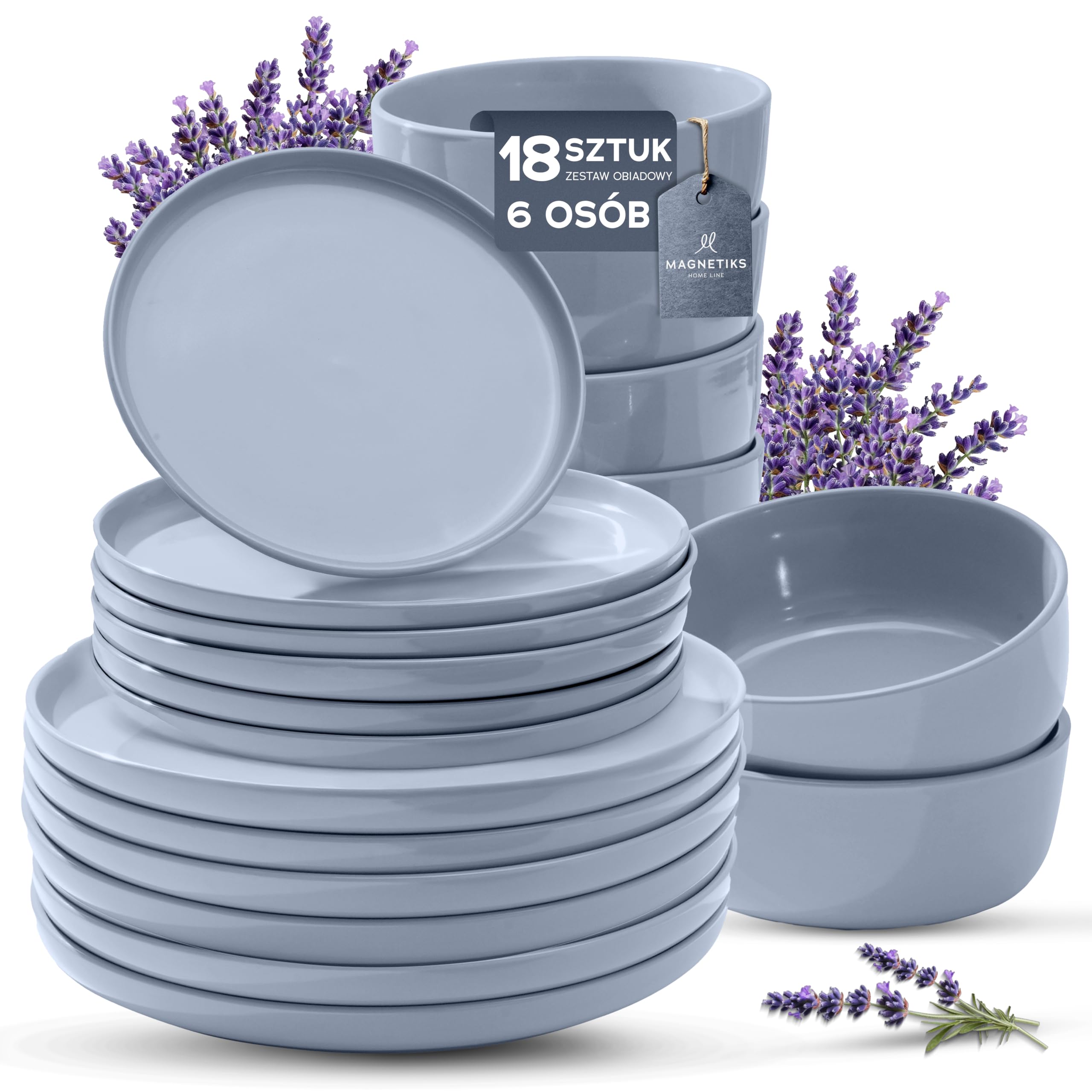 Zestaw naczyń z gresu porcelanowego dla 6 osób, 18-częściowy — wykonany z materiału mocniejszego i bardziej odpornego na zarysowania niż talerze i misek z kamionki, połysk lawendy | Zestaw zastawy