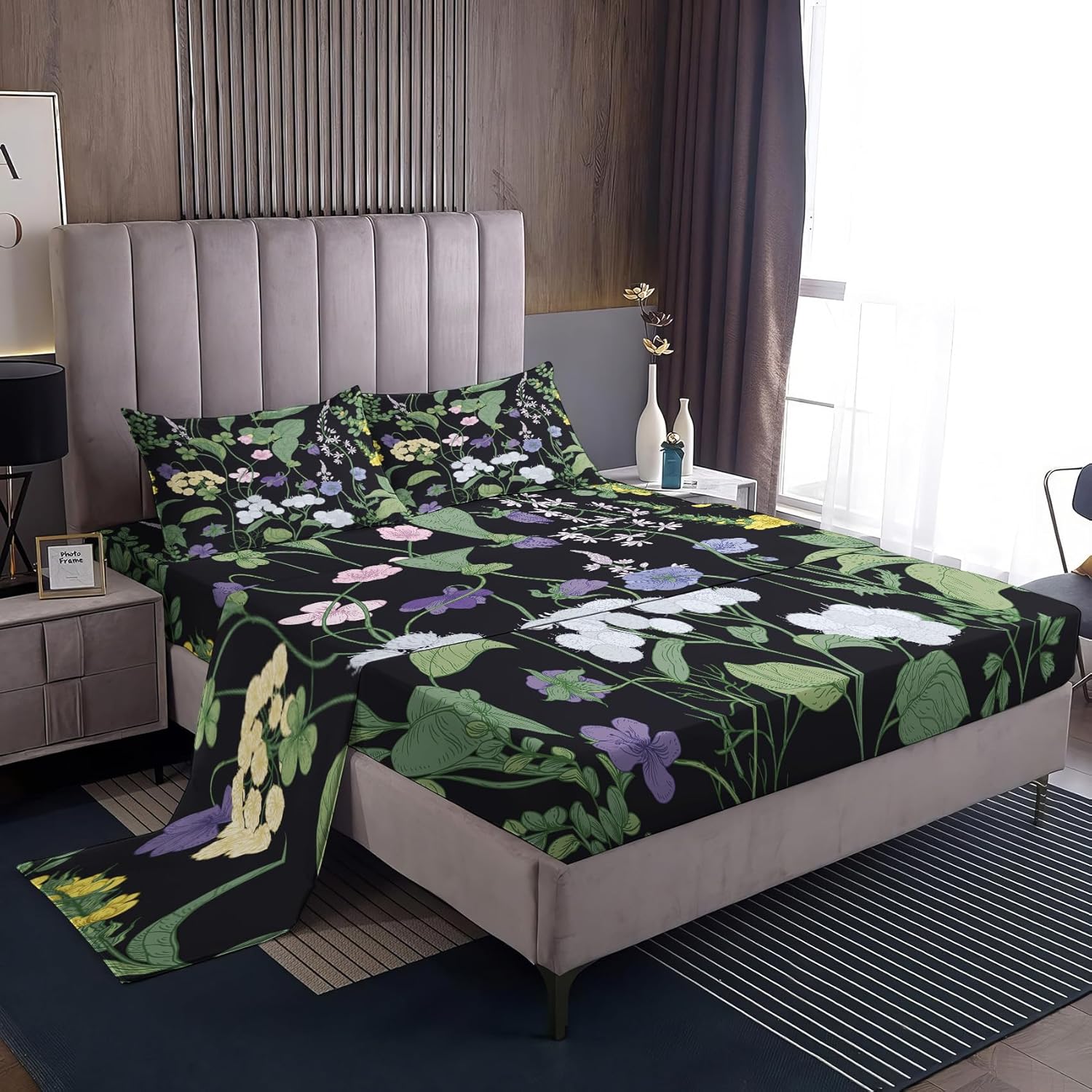 Floral Sheets Split King Size, Purple Lavender Flower Bed Sheet Set, Nature Bedding Sheet Sets 5 Piece, Soft Microfiber Deep Pocket 2 Fitted Sheet & Flat Sheet & 2 Pillowcases