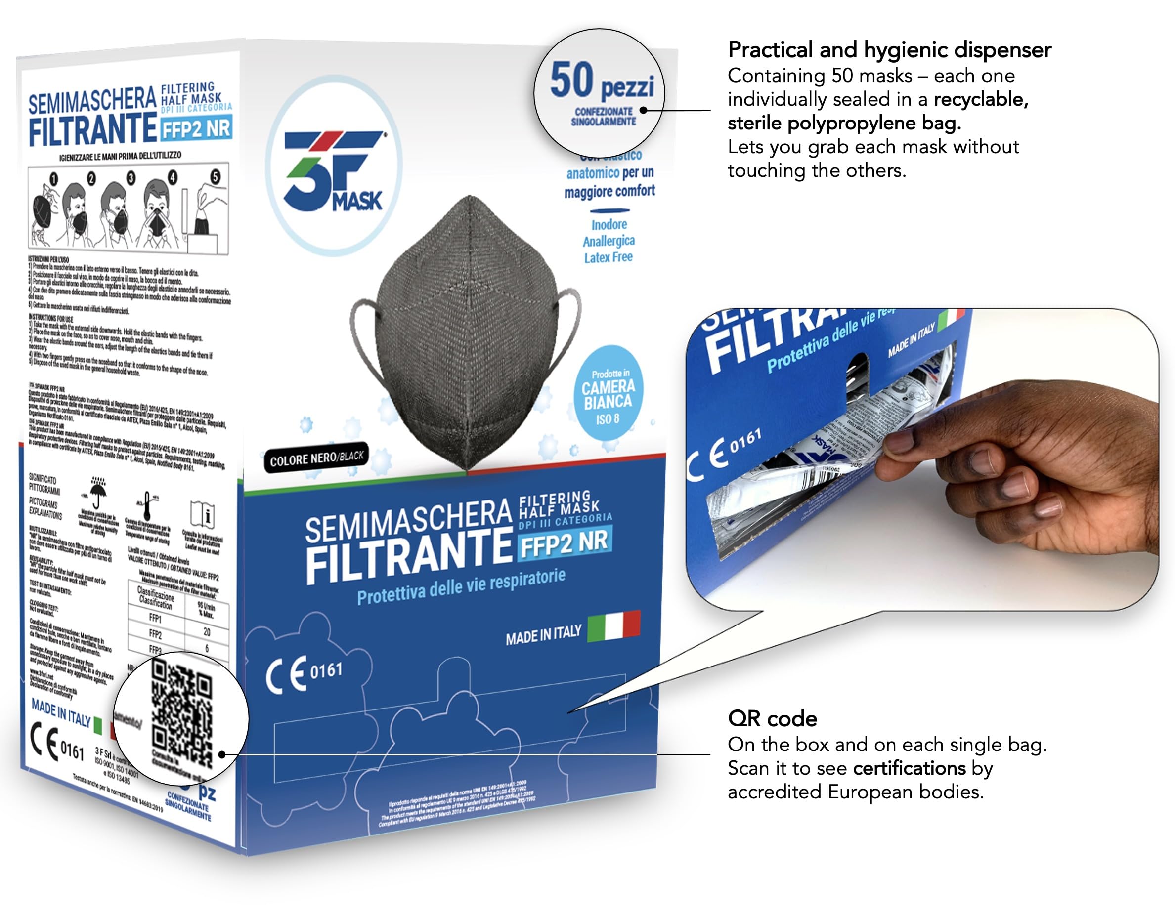 Lot de 50 masques certifiés FFP2, fabriqués en Italie, emballés individuellement - conforme à la norme UNI EN 149:2001+A1:2009