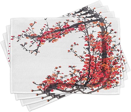 Ambesonne Juego de 4 manteles individuales japoneses, diseño de ramas de cerezo en flor de Sakura, impresión de imagen, manteles individuales de