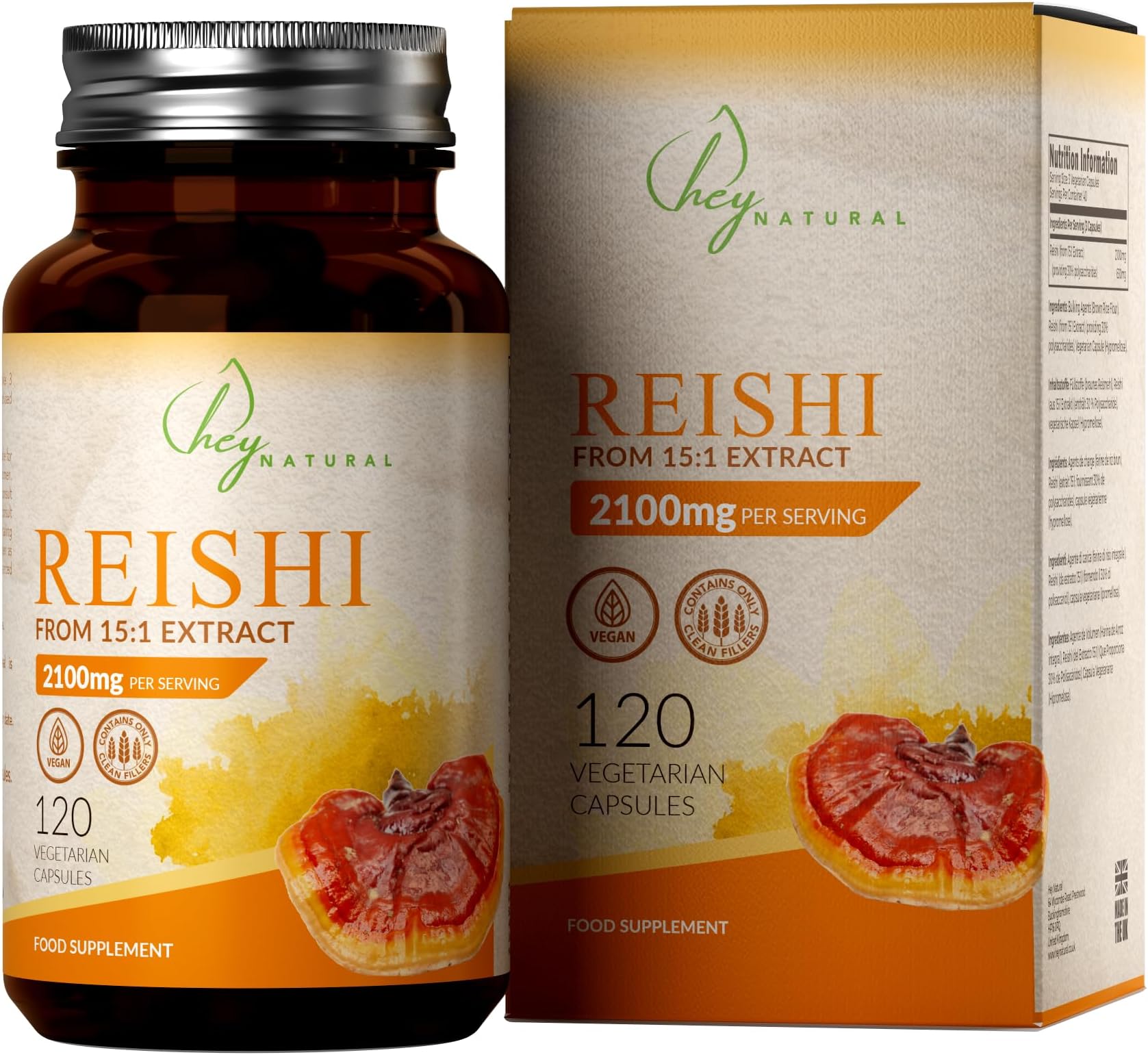 HN Reishi Mushroom Capsules | 120 High Strength Reishi Capsules - 2100mg (15:1 Extract) per Serving | Mushroom Supplement | Non-GMO & Allergen Free | Made in The UK