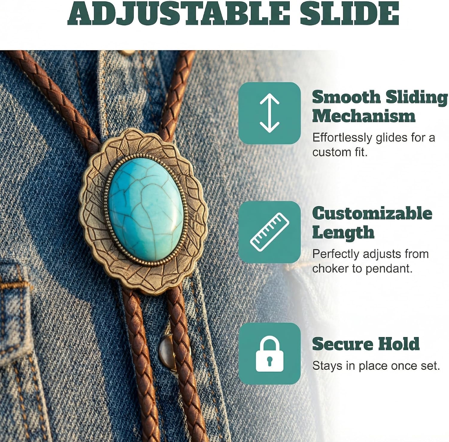 Bolo Tie for Men Western Brown Leather Necklace with Turquoise Accent Style Cowboy Neck Ties for Men's Western Outfits Classic Women Rodeo Accessory