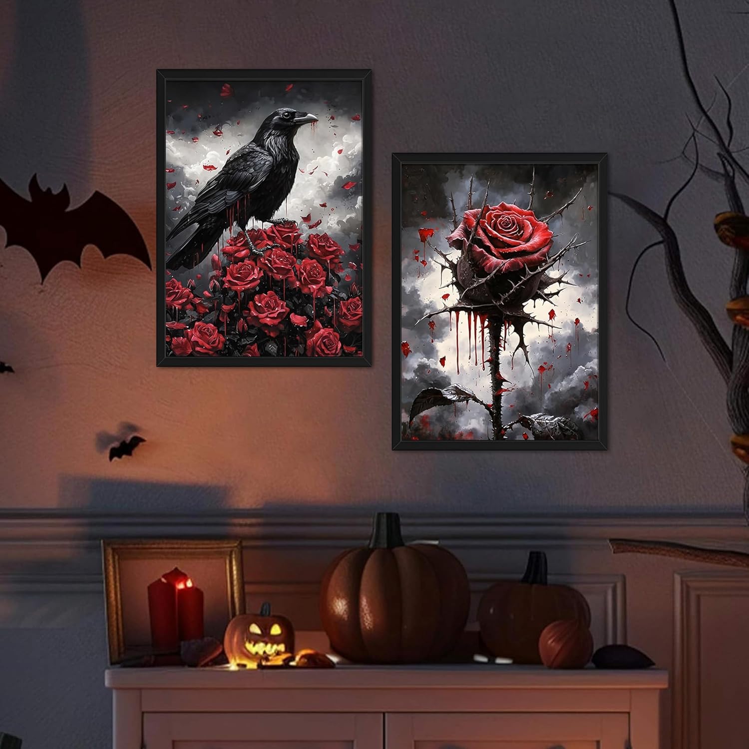 Gothic Wood Framed Halloween Canvas Wall Art for Living Room Set of 3 - Black Romantic Aesthetic Crow Butterfly Rose Prints, Dark Goth Wall Decor for Bedroom Bathroom Halloween Decor 16x24 inch