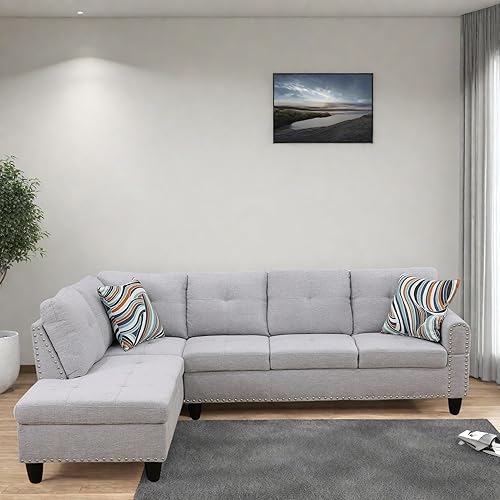 Miniatura 11 de FONTOI Sofá modular en forma de L, sofá modular moderno de 4 asientos con portavasos y ribete de cabeza de clavo, sofá en forma de L de piel gris