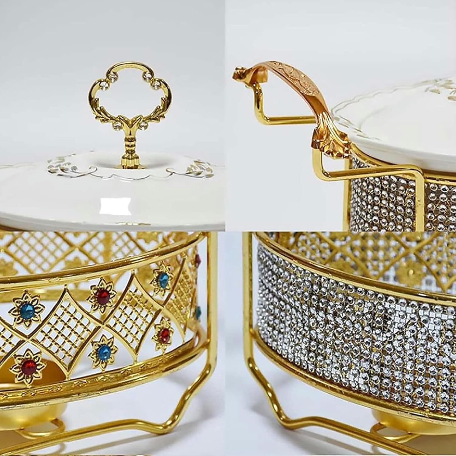 Oval Ceramic Chafing Dish with Luxury Rhinestone Fuel Holder & Lid, Buffet Warmer for Weddings, Parties, and Events, Multi-Colored(1l) ()