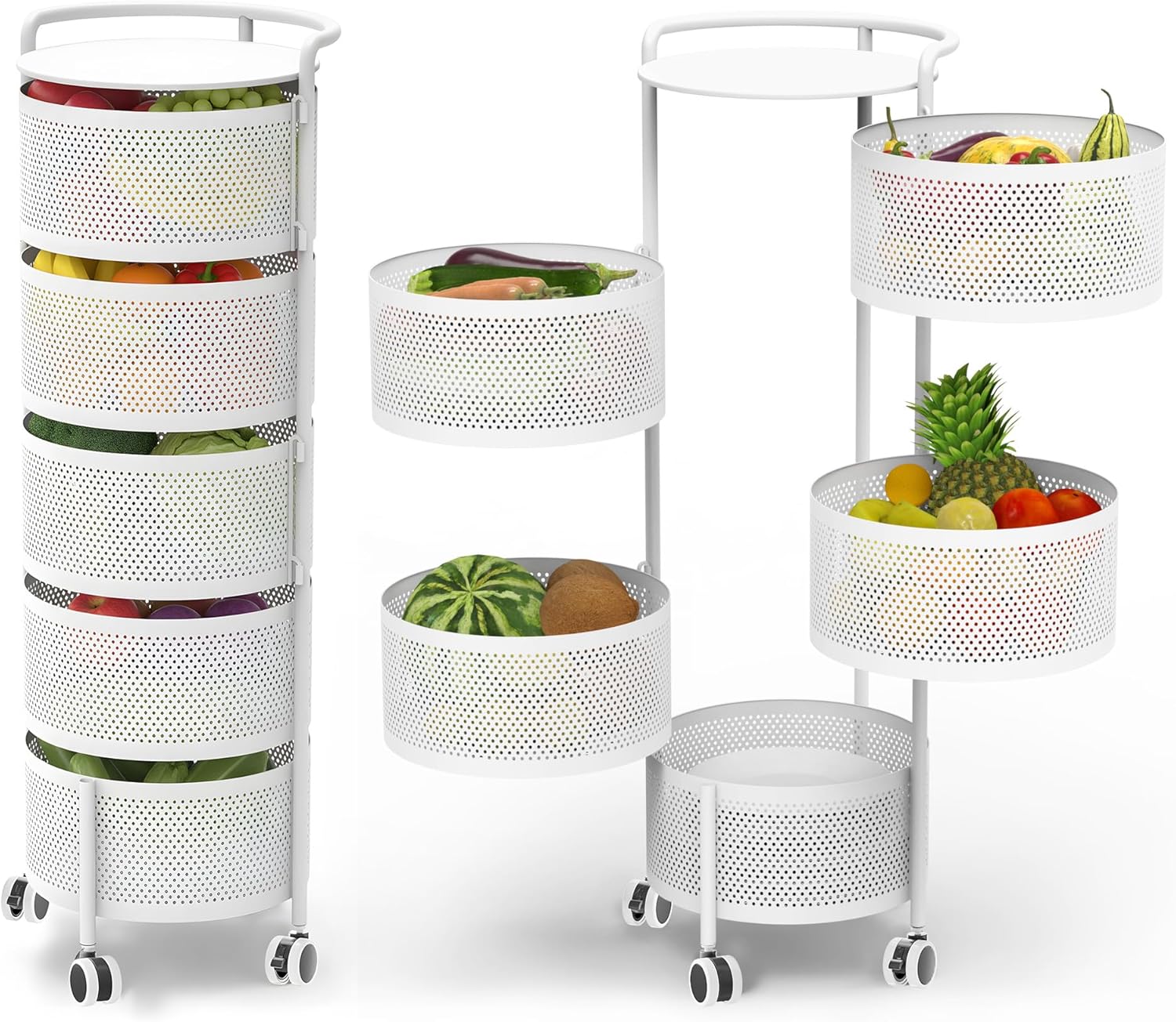 JAQ Rotating Fruit Basket, 5-Tier Metal Sturdy Kitchen Storage Rack Carts No Assembly on Rolling Wheels for Fruit Vegetable Grocery Corns Potato Onion in Bathroom(White, 5-Tier) White/5-tier