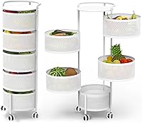 Vista 11 de JAQ Cesta giratoria de frutas, 5 niveles de metal resistente, estante de almacenamiento de cocina, carritos sin montaje en ruedas rodantes