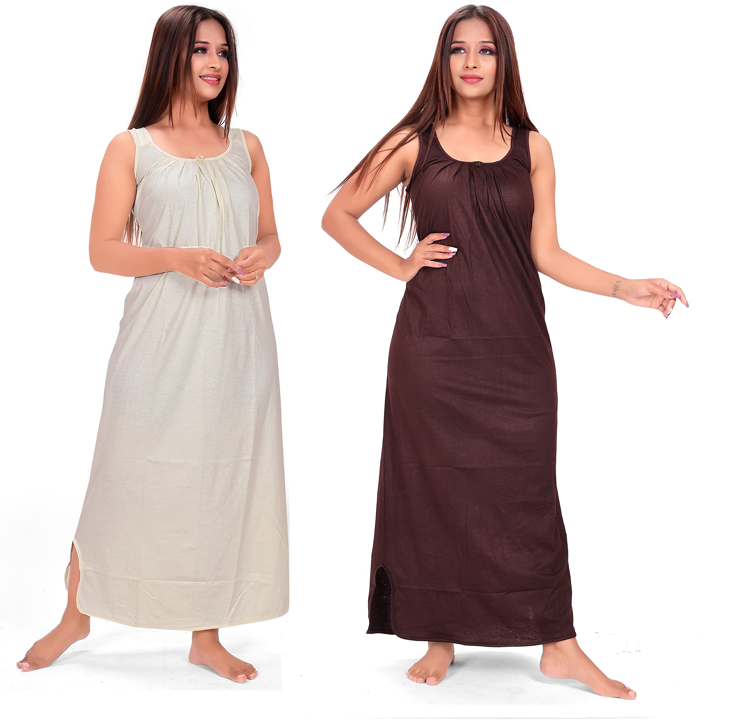 BAILEY SELLSWomen's Hosiery Cotton Nighty Solid Midi Slip Nightgown Sleeveless Maxi Nightdress Sleepwear Camisole Chemise Petticoat Nighty for Women, Yellow & Brown, 36