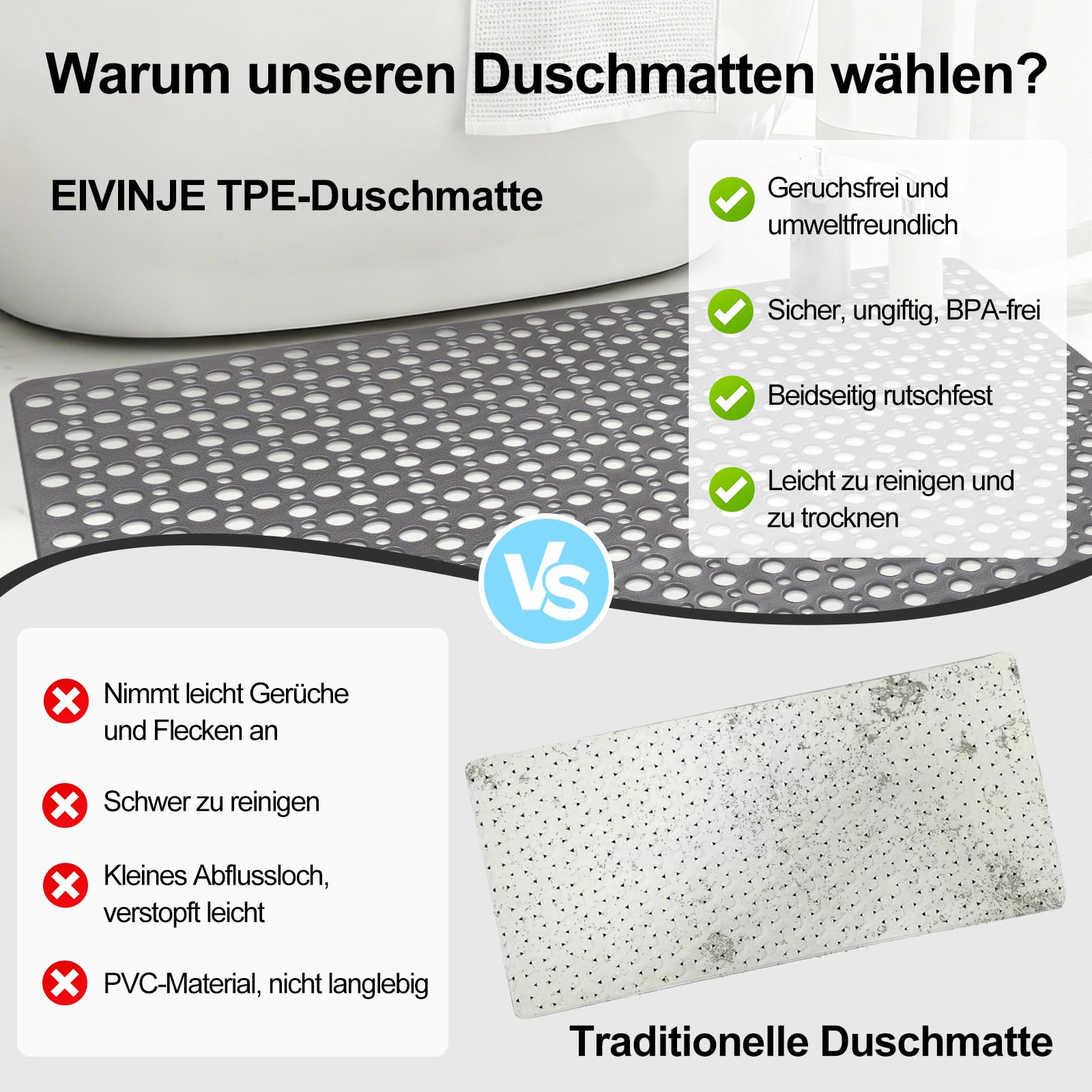 Duschmatte rutschfest 80x120 cm: Große und weiches TPE Antirutschmatte Dusche, Duscheinlage rutschfest mit Saugnäpfen und Großes Ablauflöchern, Rutschmatte dusche, schimmelresistent&maschinenwaschbar