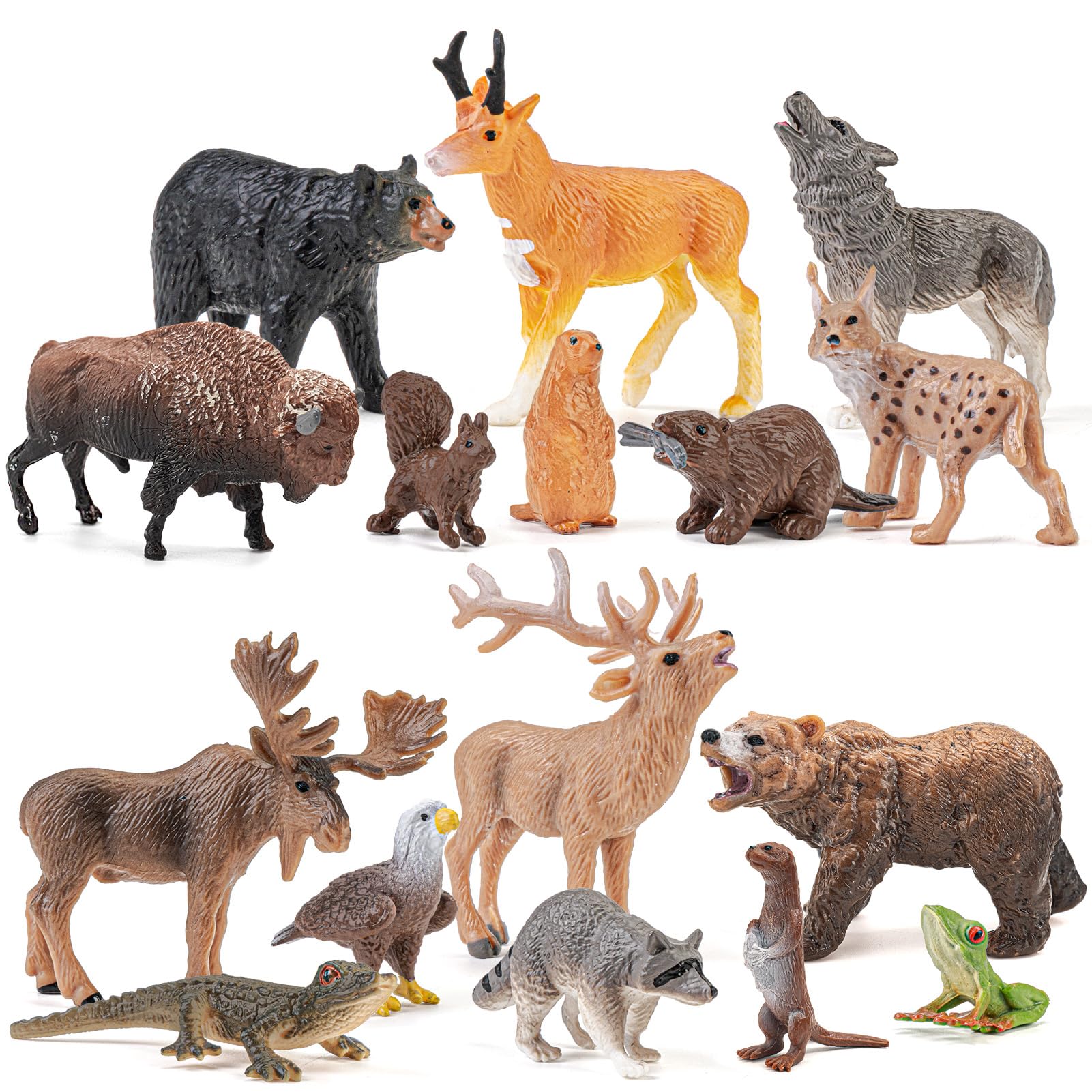 16PCS Mini North American Woodland Animals Figurines Toys, Realistic Jungle Wild Animal Figures with Wolf,Bear,Bison,Reindeer Cake Toppers Birthday Gift Party Favors Toys for Toddler Kids 3-5
