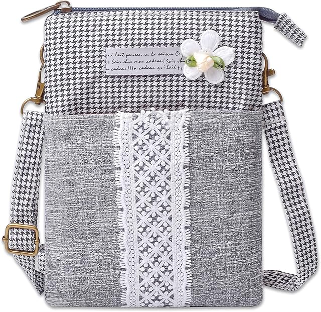 Melofo Canvas Cell Phone Purse Wallet Crossbody Handbags Pastoral Style and White Lace Flowers, Houndstooth Pattern, Small Fresh Lightweight Shoulder Bag with Adjustable Shoulder Strap for Women Girls