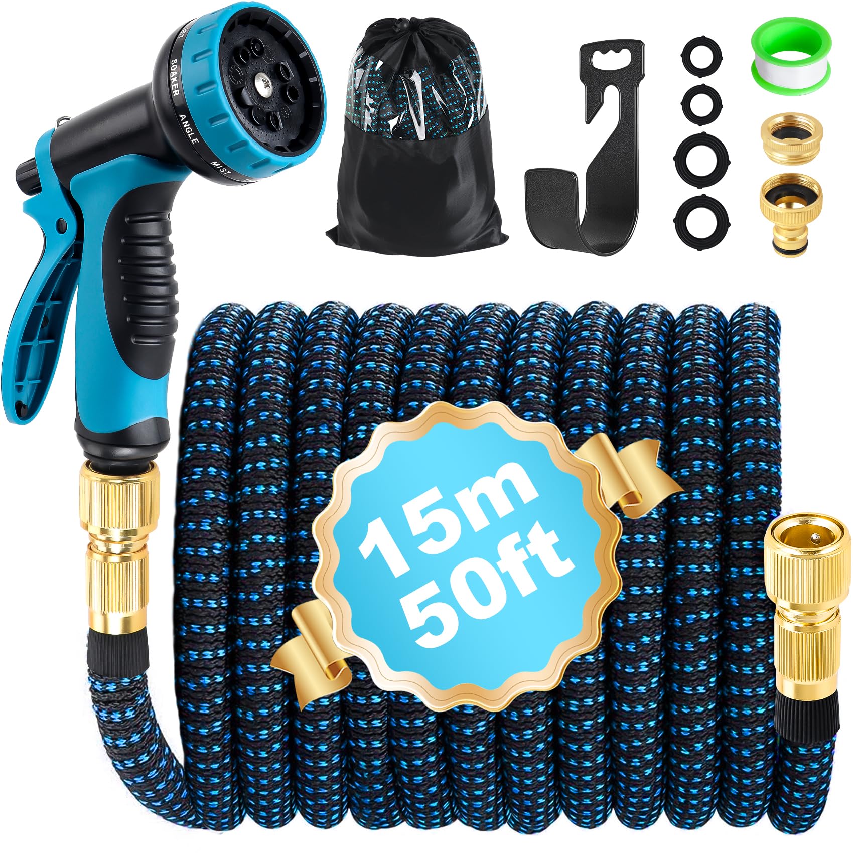 Gartenschlauch Flexibel 15m, Flexibler Gartenschlauch Dehnbarer mit 10 Funktions Gartenbrause, 1/2" 3/4" Adapter, Wasserschlauch Flexibel Schlauch Flexschlauch Garten für Gartenbewässerung Autowäsche