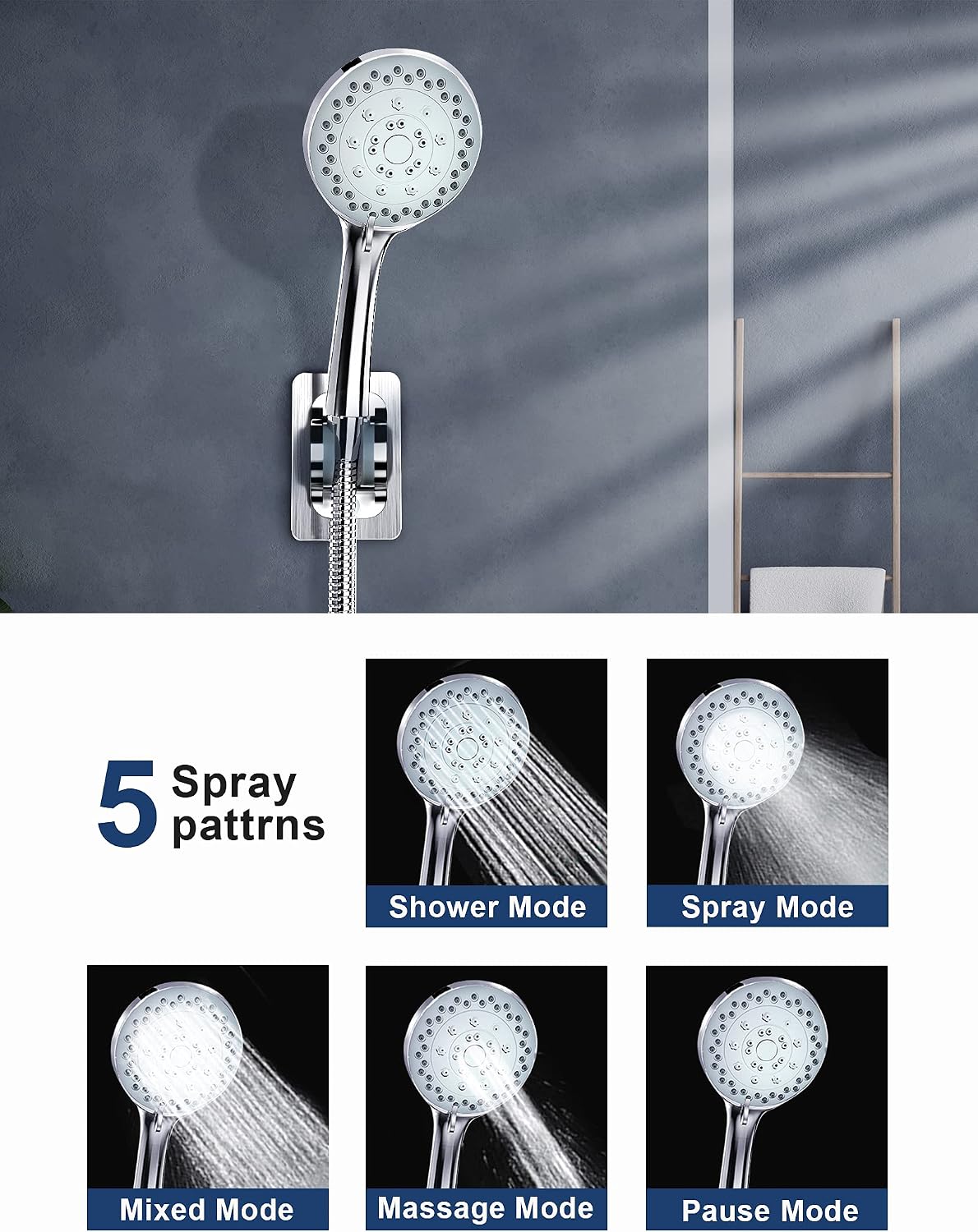 High Pressure Shower Head, 8‘’ Rainfall Shower Head/Handheld Shower Combo with 11'' Extension Arm, 1.5M Hose, Height/Angle Adjustable, 5-setting Handheld Shower with Holder, Filter, Anti-leak, Chrome