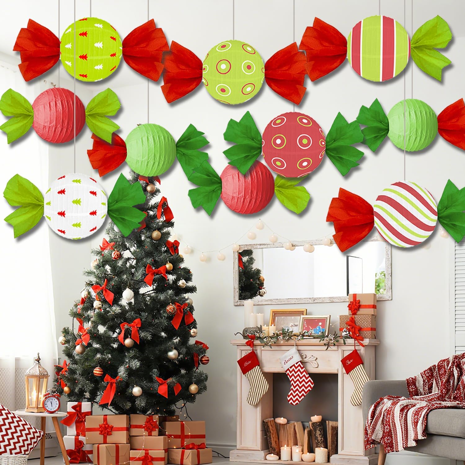 10 Pack Candy Paper Lanterns Red Green White Peppermint Hanging Decorations, Foldable Round Paper Lanterns for Party, Candy Cane Holiday Decor for Home, Ceiling, Tree, Window