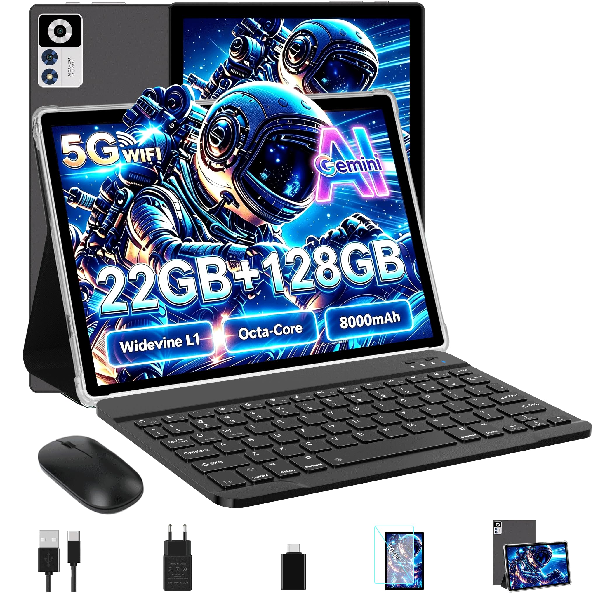 ZIOVO Tablet Android 14 Tablet 10 Pollici, 22GB RAM+128GB ROM (TF 1TB), 5G WiFi Tablet, Widevine L1/Octa-Core/8000mAh/Corpo Metallico/8+5MP/Supporto Netflix, 2 in 1 Tablet con Tastiera e Mouse- Nero