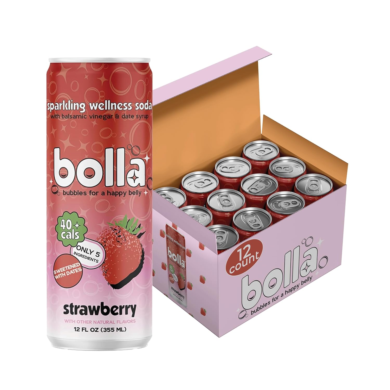 Strawberry Sparkling Wellness Soda - Naturally sweetened with dates - Crafted with balsamic vinegar - 5 simple ingredients - Low calorie - Antioxidant-rich - No added sugar 12 pack