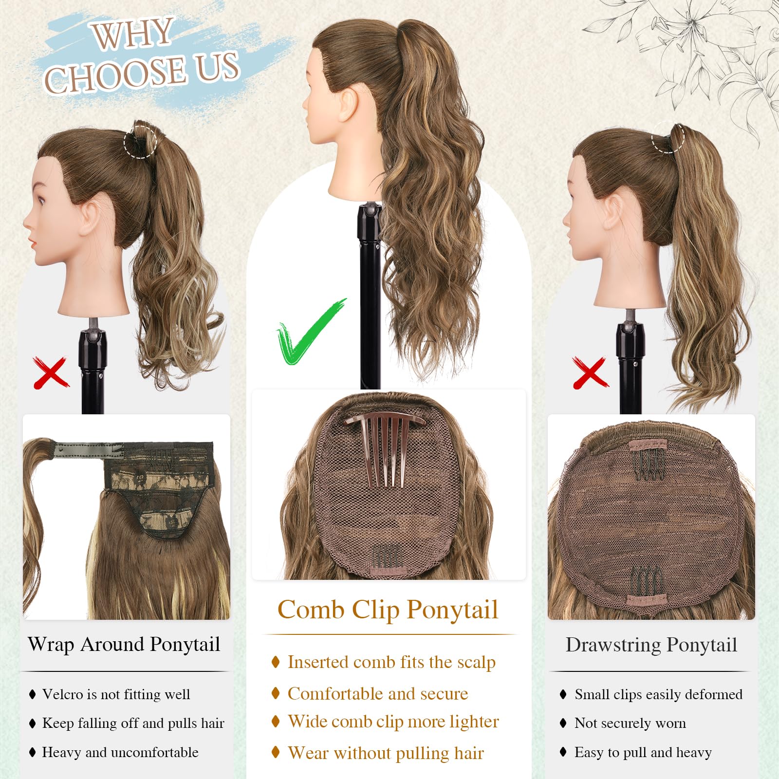 Sofeiyan Cola de Caballo Extensiones con Cordón, 60 cm Ondulado Extensiones Pelo Natural Coleta Postiza Sinteticas Peines Clip in Postizos de Pelo para Mujer, Rubio Ceniza Mixto