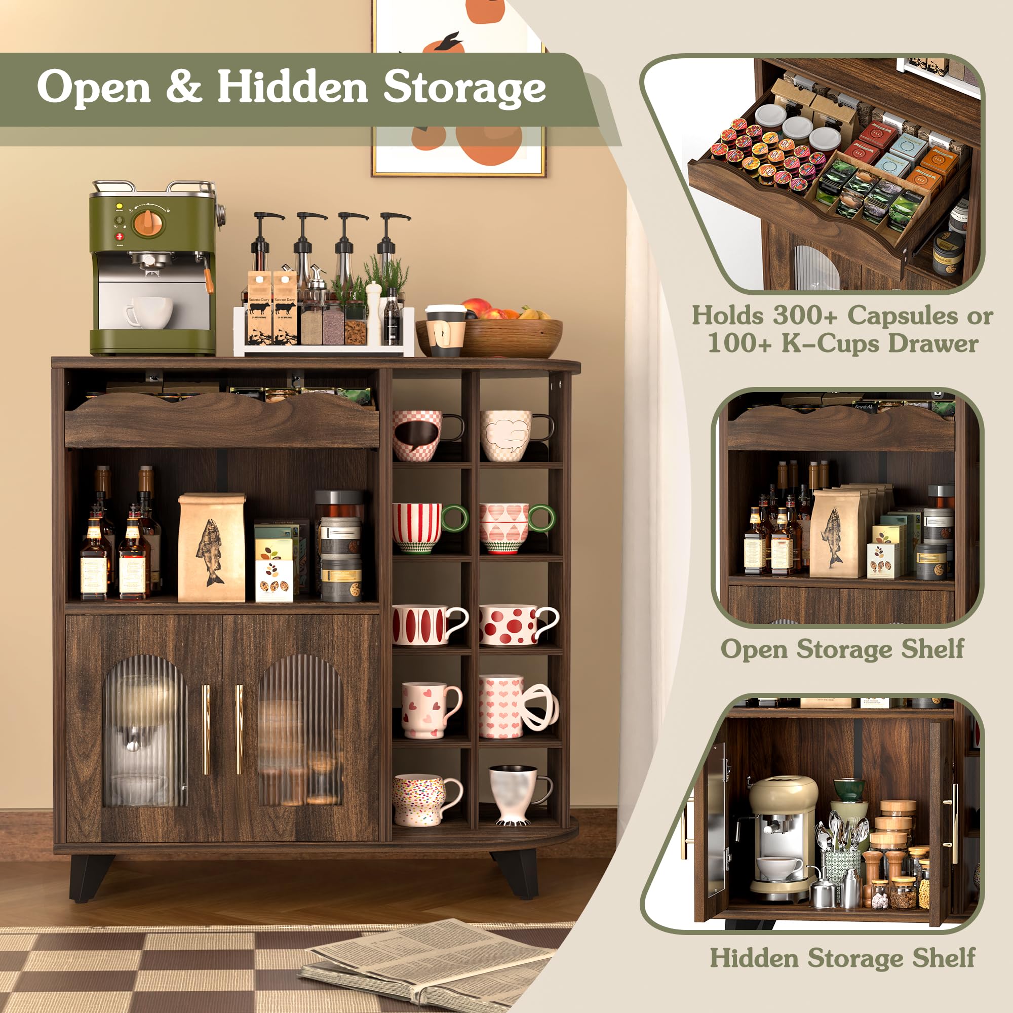 Küchenschrank, Kaffeeschrank mit Tassenhalter, Kommode mit Türen, Buffetschrank mit Schubladen, Sideboard für Wohnzimmer, Barmöbel, Kaffeebar Möbel, Küchenvitrine, Tassenständer (40x80x91cm)