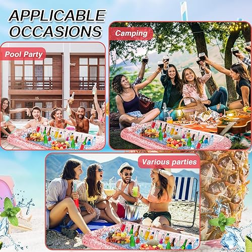Miniatura 6 de Leitee Bandeja inflable de 3 piezas para servirbufé de hielo, enfriador de bebidas con tapón de drenaje, barra de piscina inflable para fiestas,