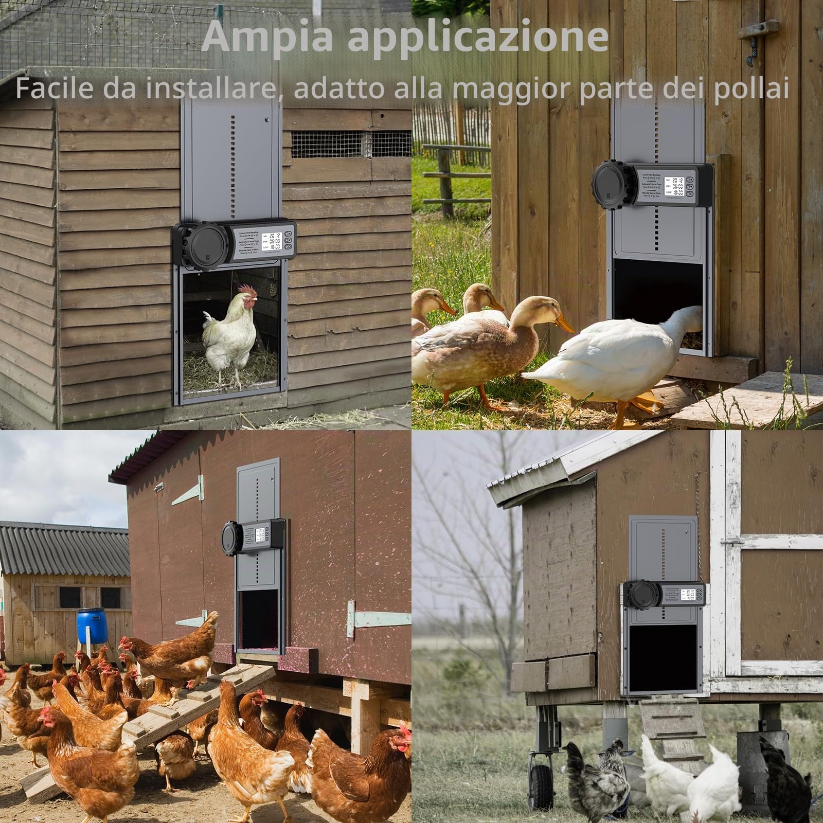 Porta Pollaio Automatico con Display LCD Programmabile Impermeabile Porta Automatica Pollaio In Lega di Alluminio Alimentato a Batteria Controllo Timer Funzione Anti-Pizzico
