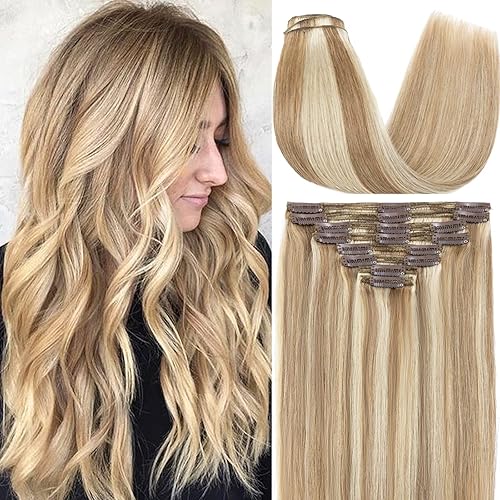 S-noilite Extensiones de cabello humano con pinzas, balayage, grueso, doble trama, 100% cabello humano real, cabeza completa, 8 piezas, 18 clips,