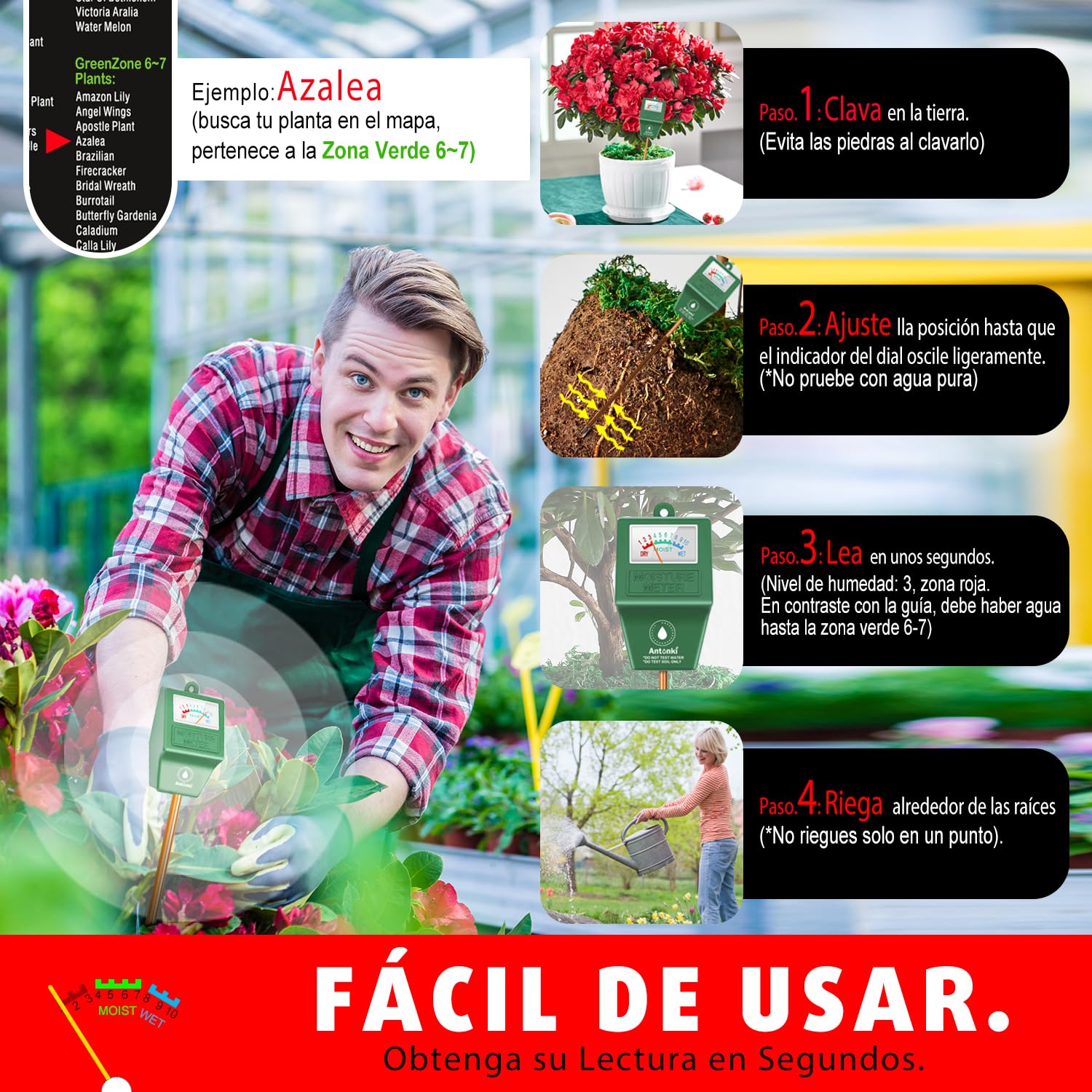 Antonki 2 Piezas Medidor Humedad Plantas, Higrometro Plantas de Suelo, Monitor de Riego de Flores para Plantas de Interior y Exterior, No se Necesitan Baterías